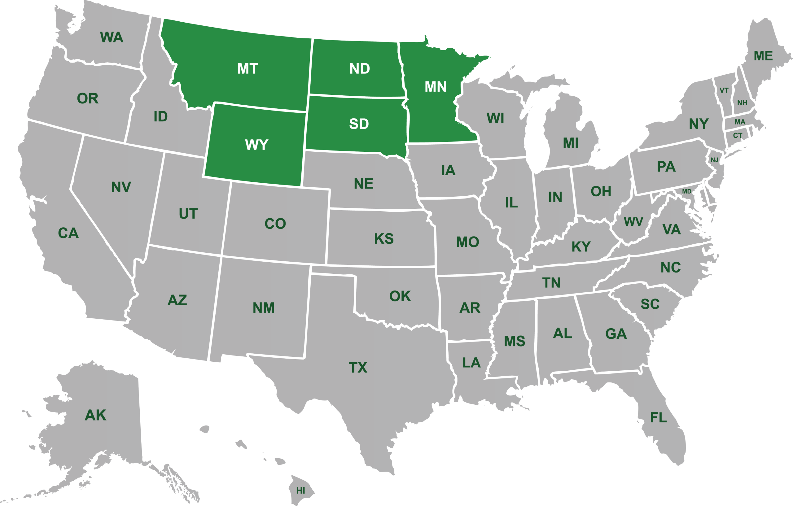 US map highlighting Montana, Wyoming, North Dakota, South Dakota, Minnesota
