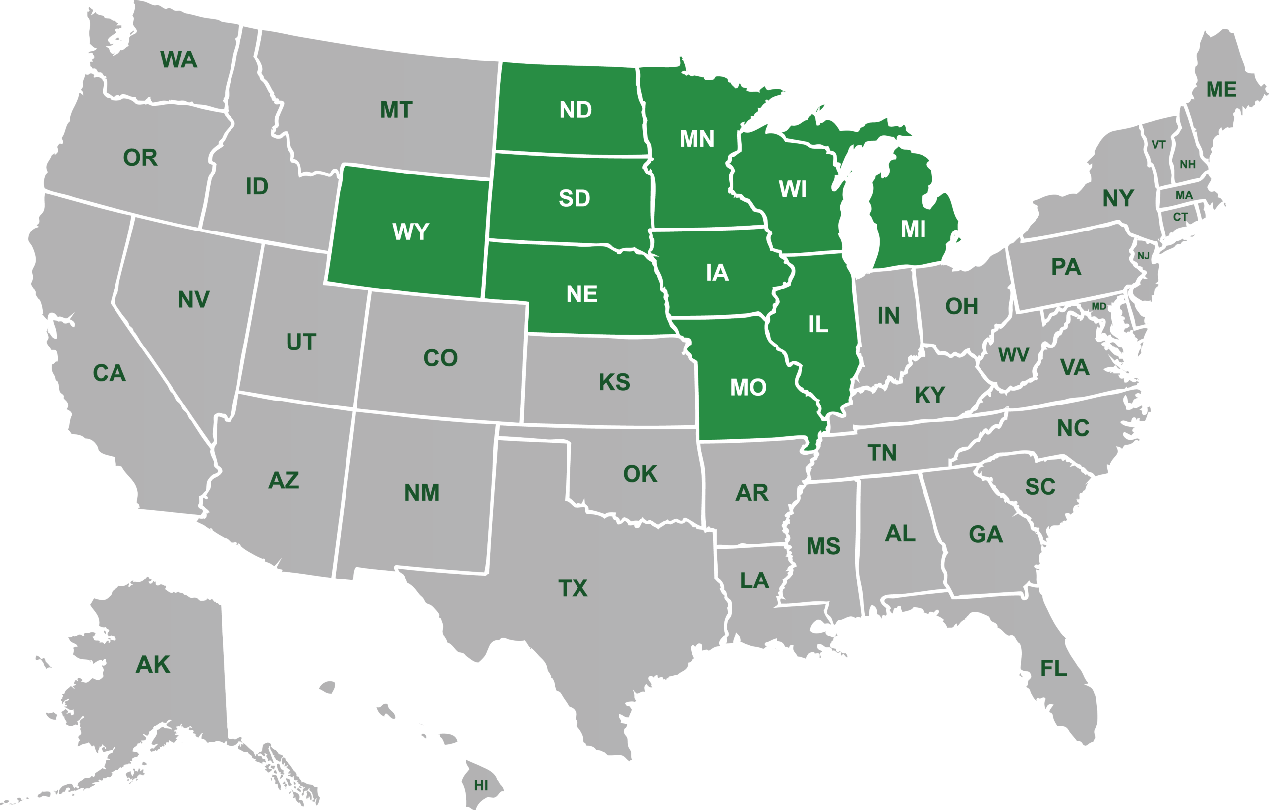 US map highlighting Midwest and Plains states in green