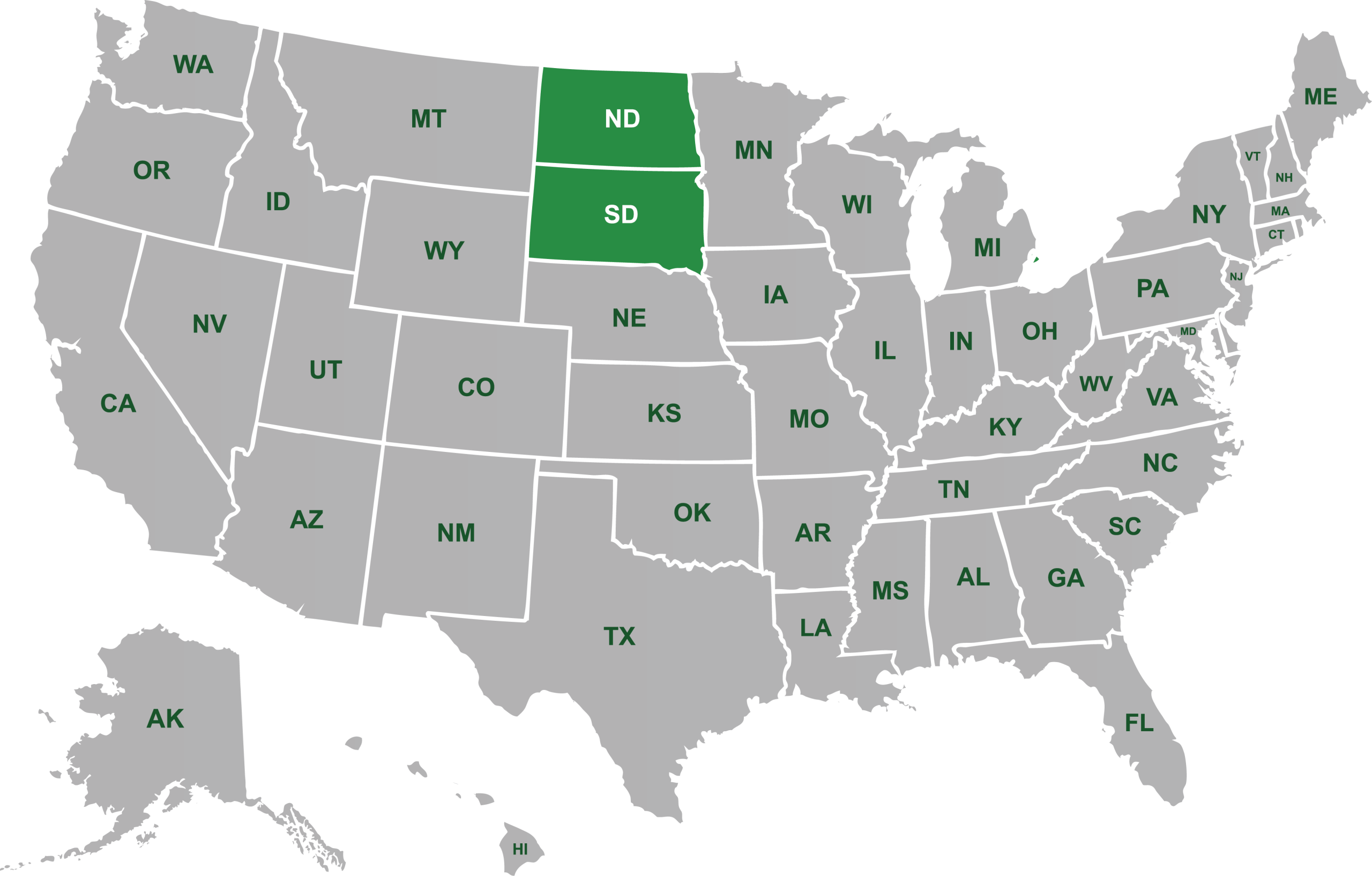 US map highlighting North Dakota and South Dakota in green
